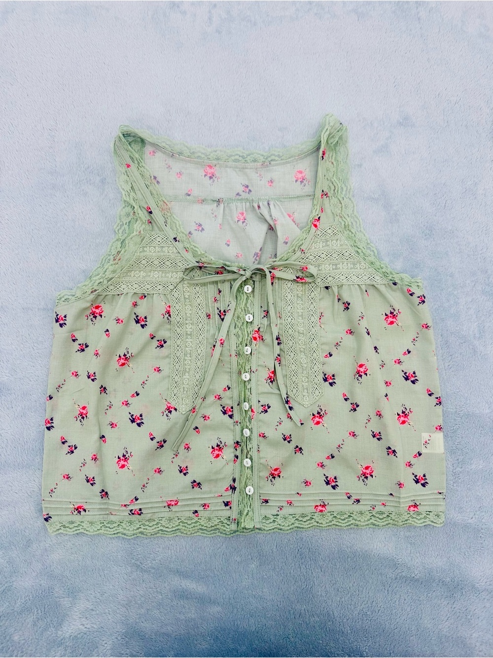Floral Lace-Trim Tank Top in Sage Green - Lightweight Women's Top